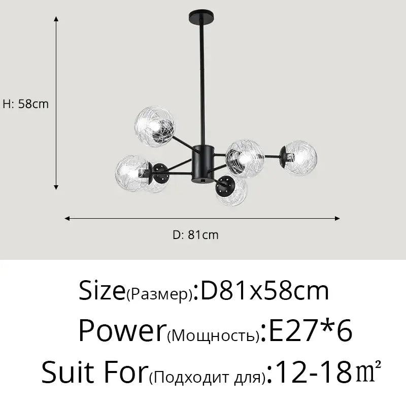 Black metal led chandelier with six clear glass globe shades modern sphere pendant light for dining room