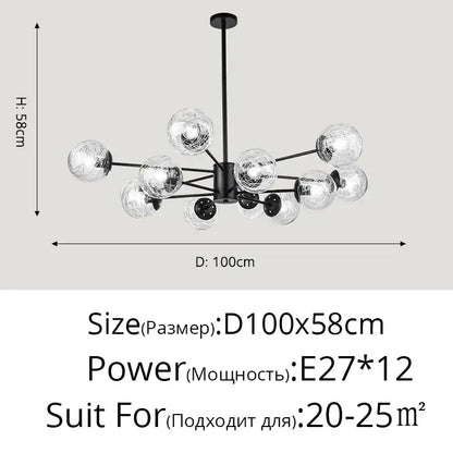Modern black metal glass led chandelier with twelve clear globe bulbs in a branching design for dining room sphere pendant light