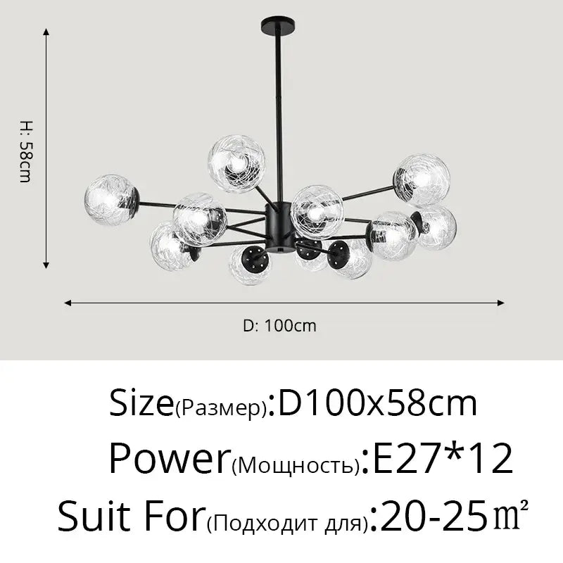Modern black metal glass led chandelier with twelve clear globe bulbs in a branching design for dining room sphere pendant light