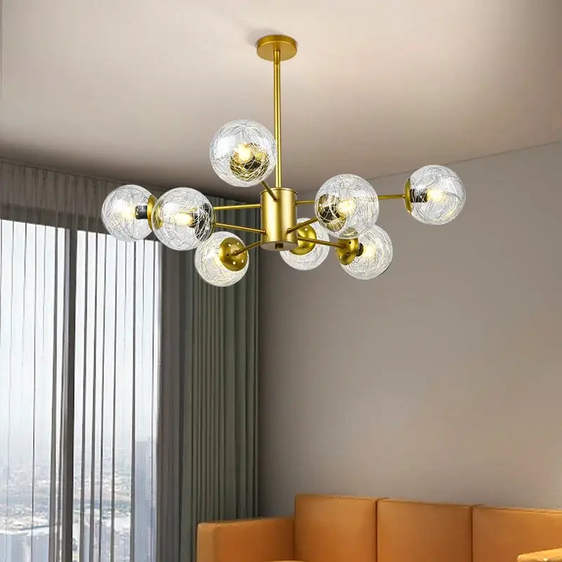 Modern gold glass led chandelier with multiple clear textured globe bulbs for dining room modern dining sphere pendant light