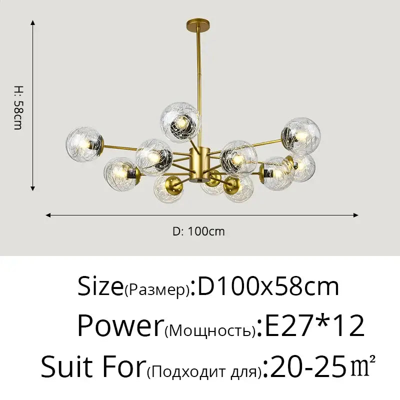Modern gold glass led chandelier with twelve clear textured globe bulbs for modern dining room sphere pendant light