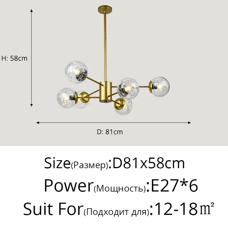 Modern gold glass led chandelier with six clear glass globes and brass fixture for modern dining room lighting
