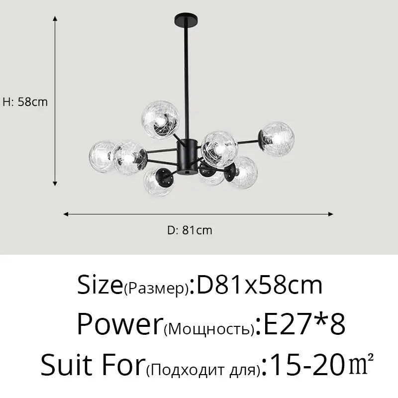 Modern black metal led chandelier with eight clear glass globe bulbs ideal for dining room glass led chandelier