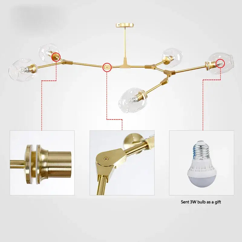 Modern gold glass pendant lights featuring clear glass globe shades and brass-finished arms for dining room lighting