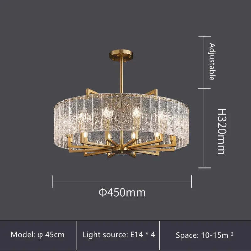 Modern gold glass restaurant chandelier with circular frame of textured glass panels and adjustable height for dining room luxury light