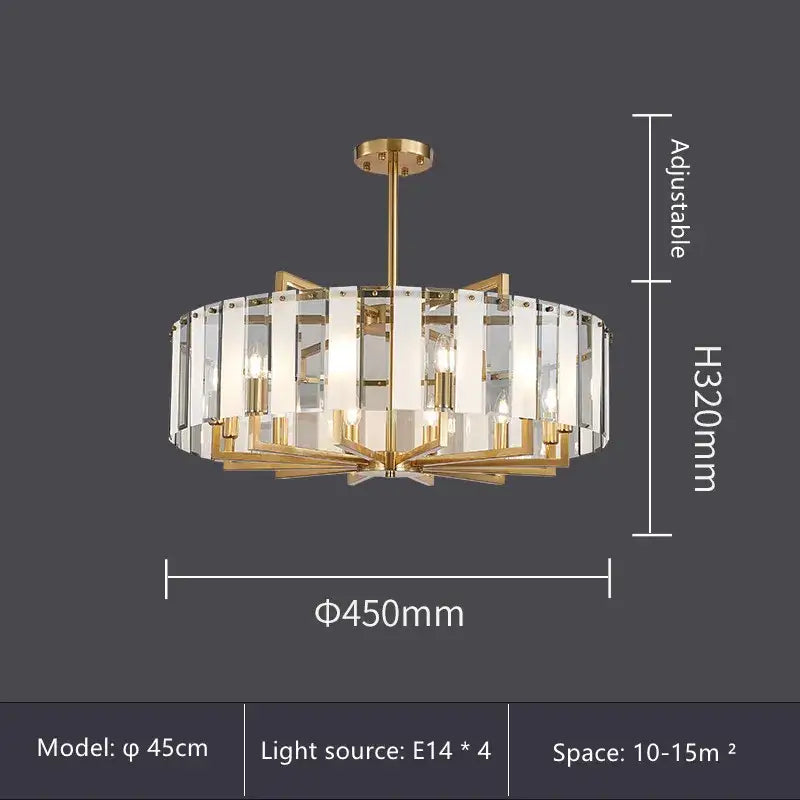 Modern gold glass restaurant chandelier with clear crystal panels and four e14 lights for luxury dining rooms