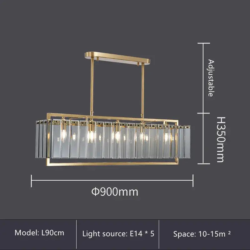 Modern gold glass restaurant chandelier with clear glass crystal bars and five e14 bulbs for luxury dining room lighting