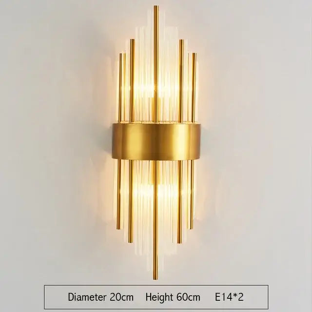Modern gold glass rod crystal wall sconce with vertical glass rods and a central metallic ring for bedroom lighting