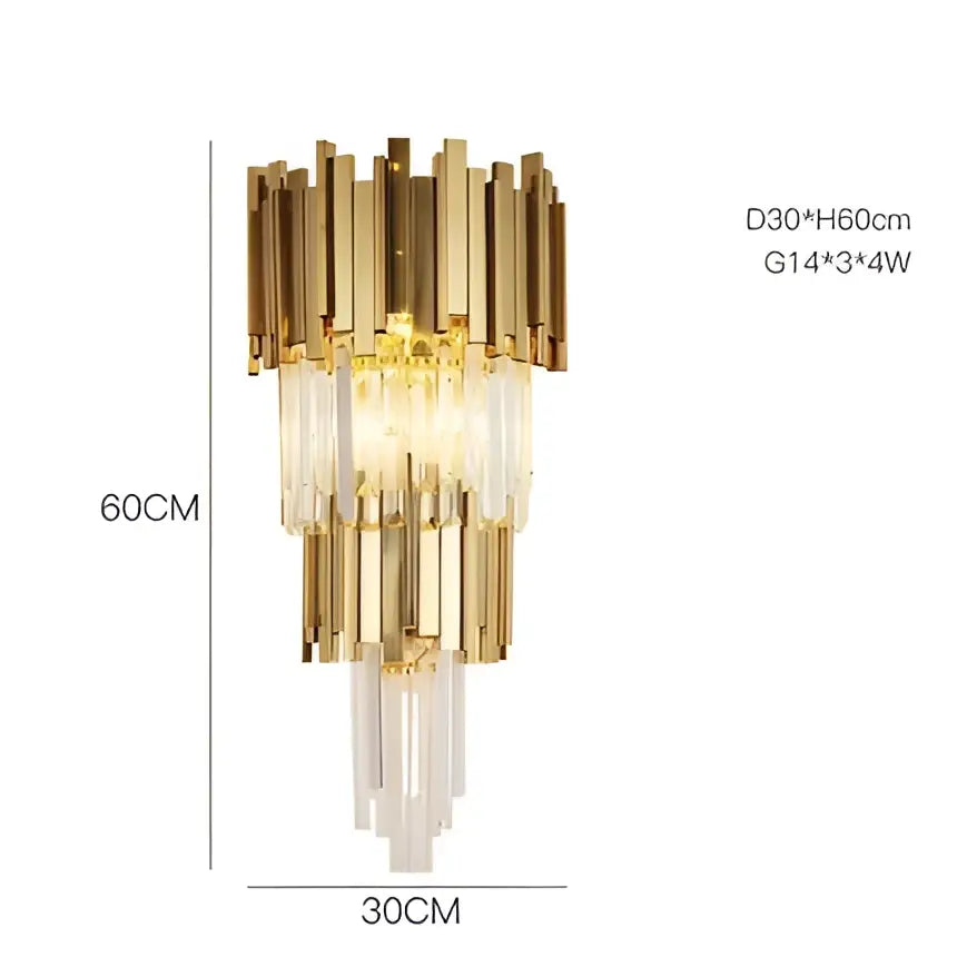 Modern gold wall sconce with glass rod crystal and cascading tiered design for elegant bedroom lighting
