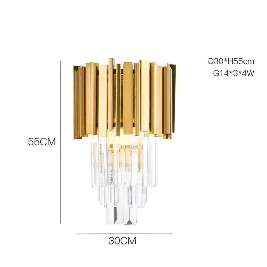 Modern gold glass rod crystal wall sconce featuring cascading clear crystal prisms for bedroom lighting