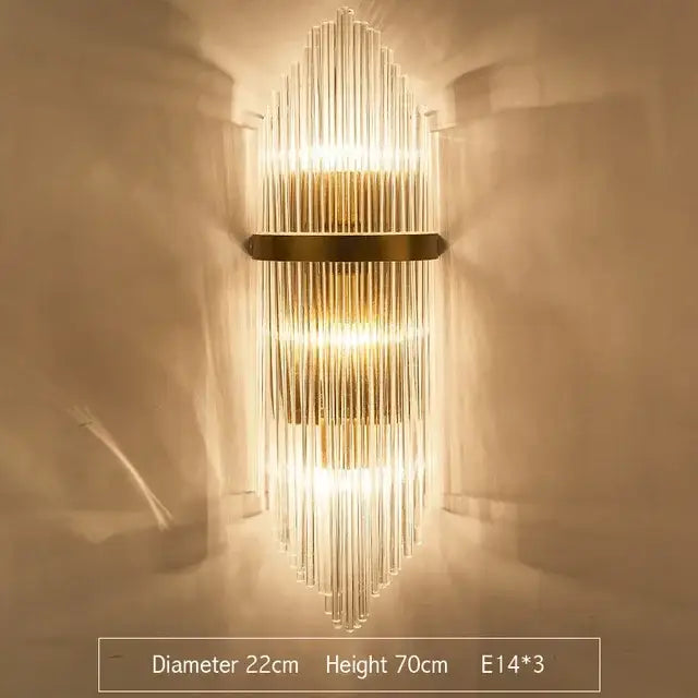 Modern gold glass rod crystal wall sconce with vertical rods and sleek metallic frame for bedroom lighting