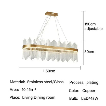 Modern gold glass rod led pendant chandelier with copper-plated stainless steel and cascading clear glass rods for dining room