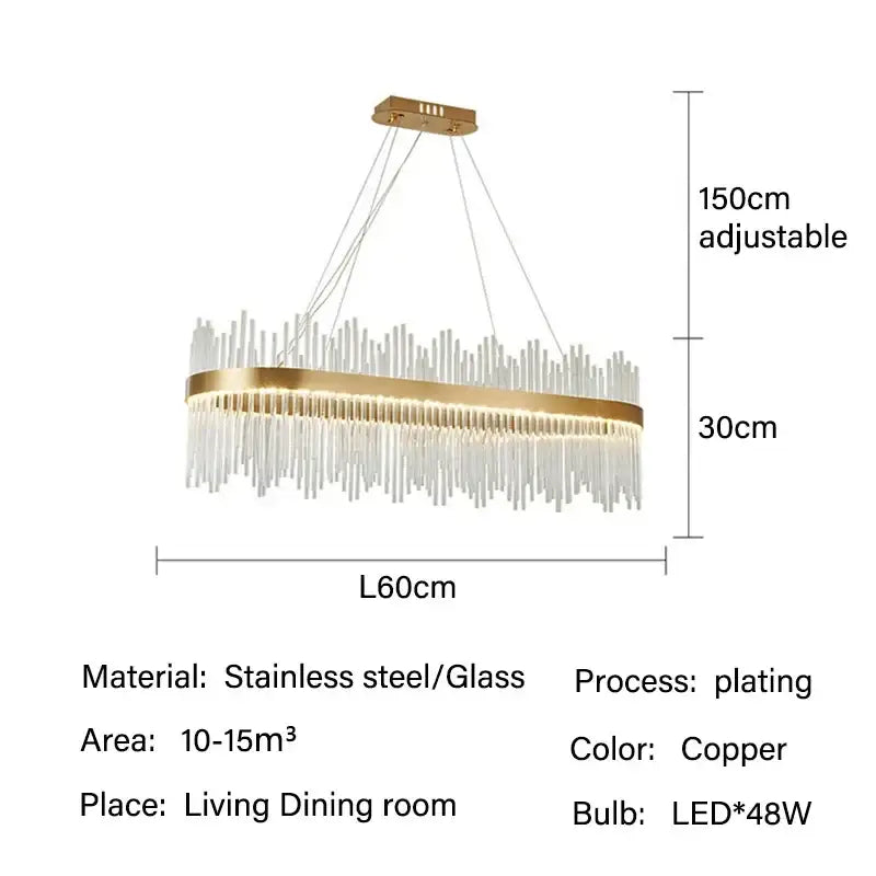 Modern gold glass rod led pendant chandelier with copper-plated stainless steel and cascading clear glass rods for dining room