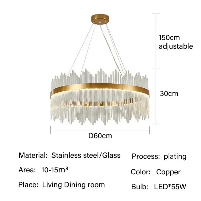 Modern copper-toned pendant chandelier with circular frame and cascading clear glass rod led design for dining room