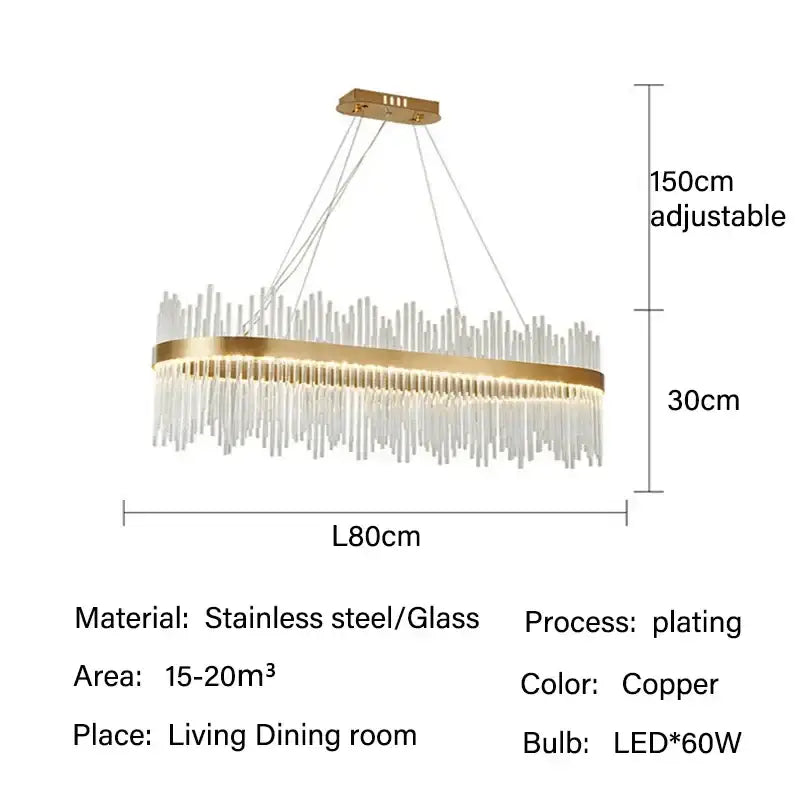 Modern gold copper-plated stainless steel pendant chandelier with glass rod led vertical crystal rods for dining room use