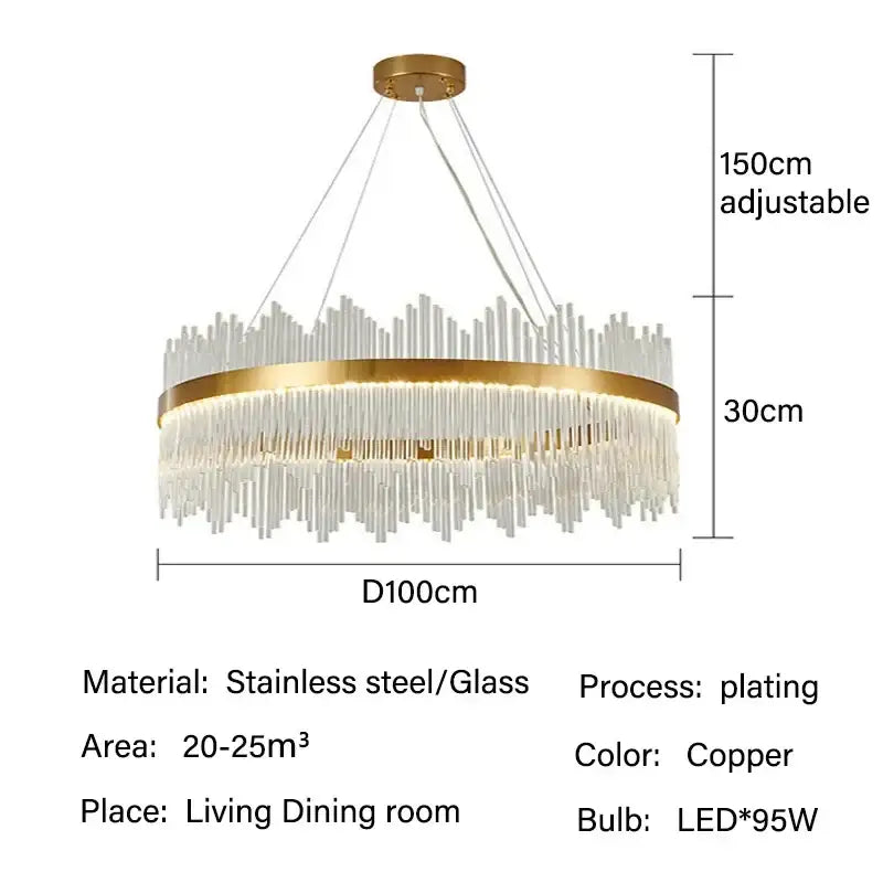 Modern gold pendant chandelier with copper-plated stainless steel and cascading clear glass rod led design for dining room