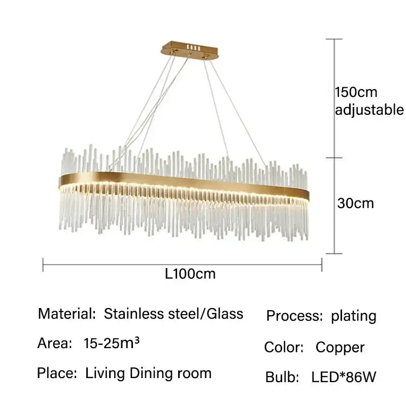 Modern gold glass rod led pendant chandelier with copper-plated stainless steel and vertical crystal rods for dining room