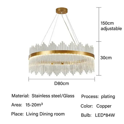 Modern copper-toned pendant chandelier with circular frame and cascading glass rods for dining room lighting