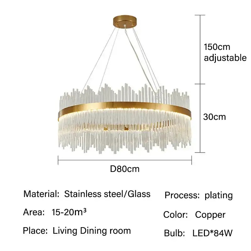 Modern copper-toned pendant chandelier with circular frame and cascading glass rods for dining room lighting