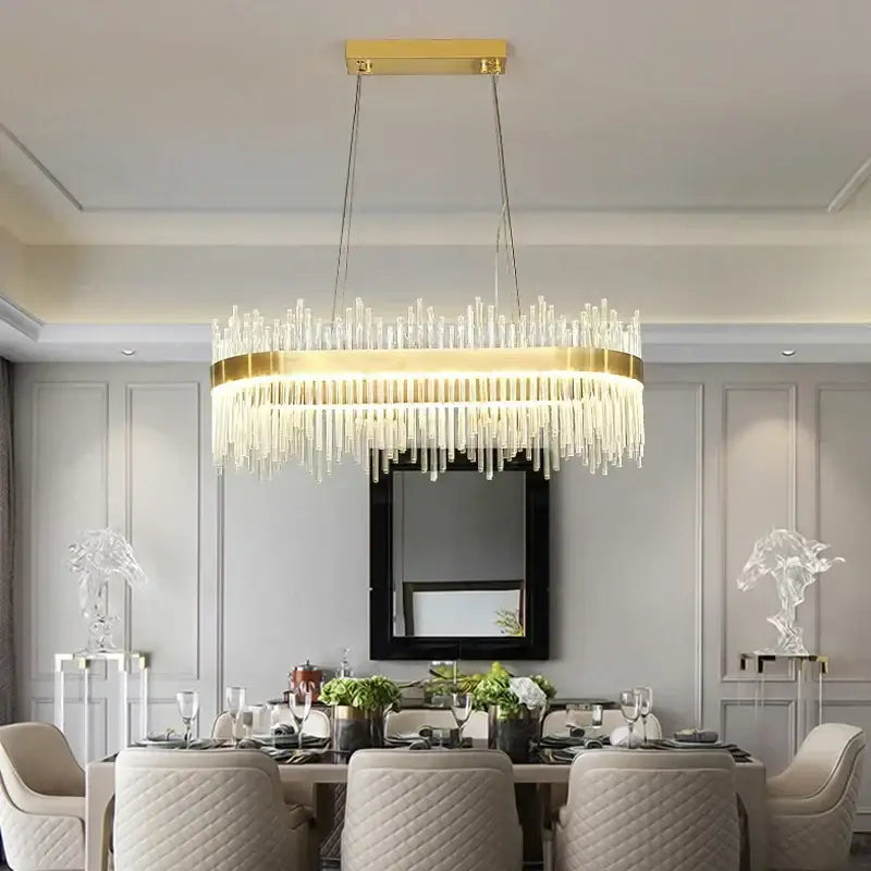 Modern gold glass rod led pendant chandelier with cascading clear crystal prisms for dining room lighting