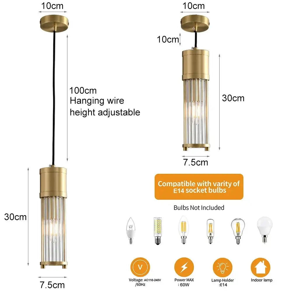 Modern gold glass shade pendant lights featuring gold-toned cylindrical rods and clear glass panels for kitchen islands