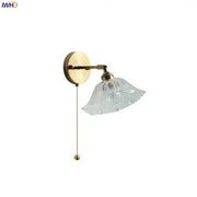Modern gold glass shade wall light with clear fluted glass and adjustable pull chain for bedroom led wall lighting