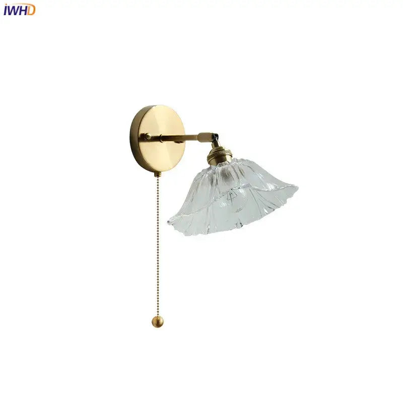 Modern gold wall light with clear fluted glass shade and adjustable pull chain suitable for bedroom led wall use