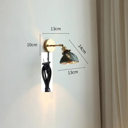 Vintage-style brass led wall light with dark green ribbed glass shade and bedroom pull chain for modern decor