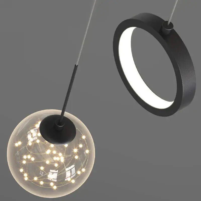 Modern gold glass starry led pendant lights featuring black spherical globes with warm embedded led string lights