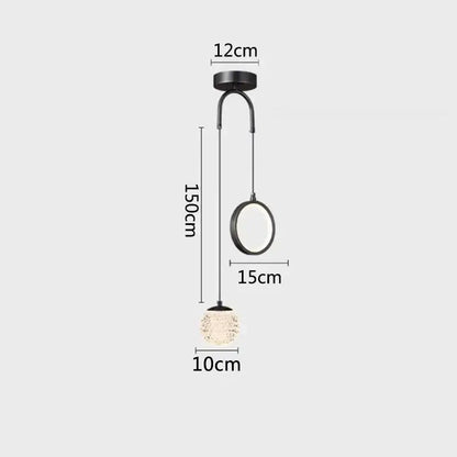 Modern black metal pendant lights with a frosted glass globe complement glass starry led bedroom lighting
