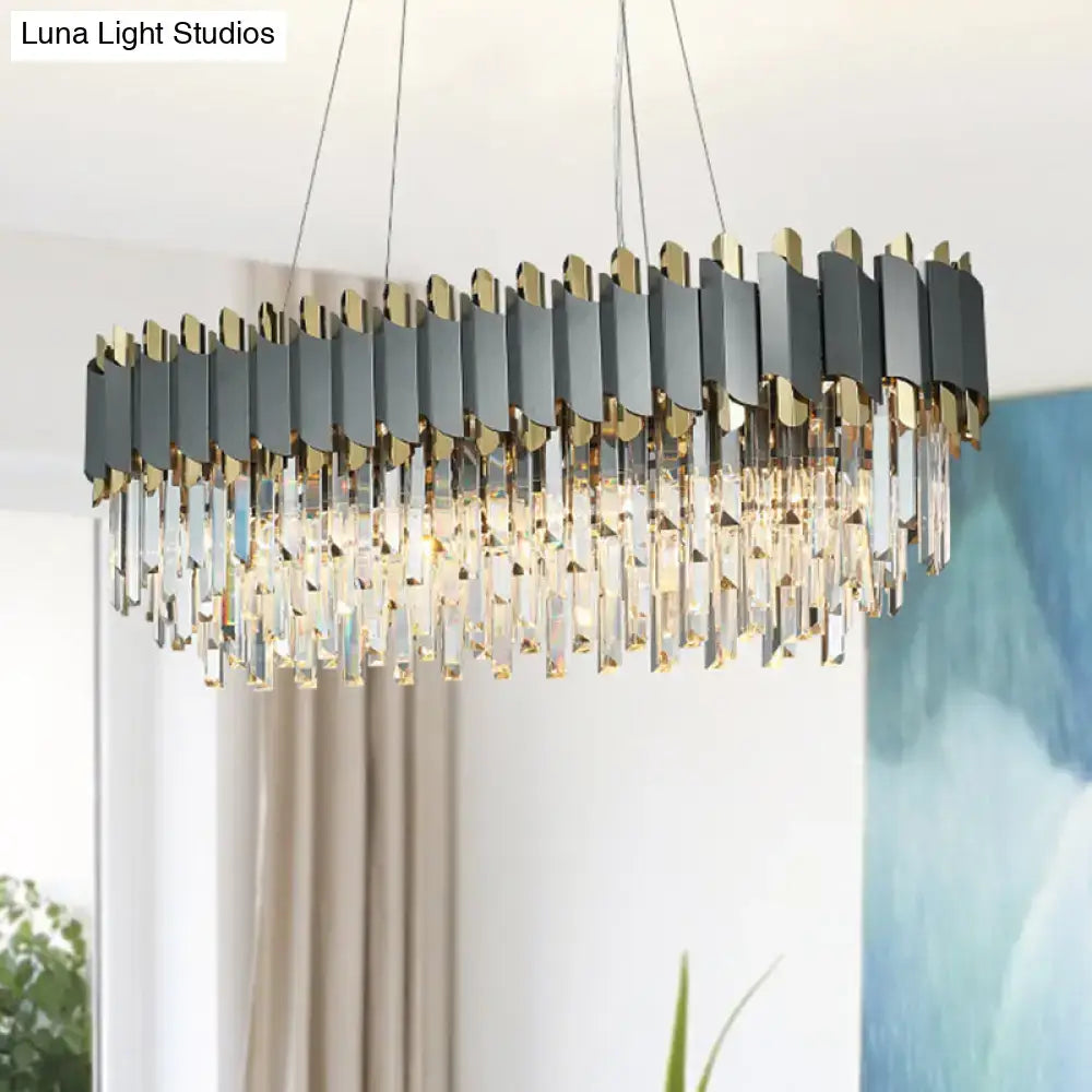Modern gold and gray crystal light fixture with dark gray metallic plates and cascading prisms for 220v-240v use