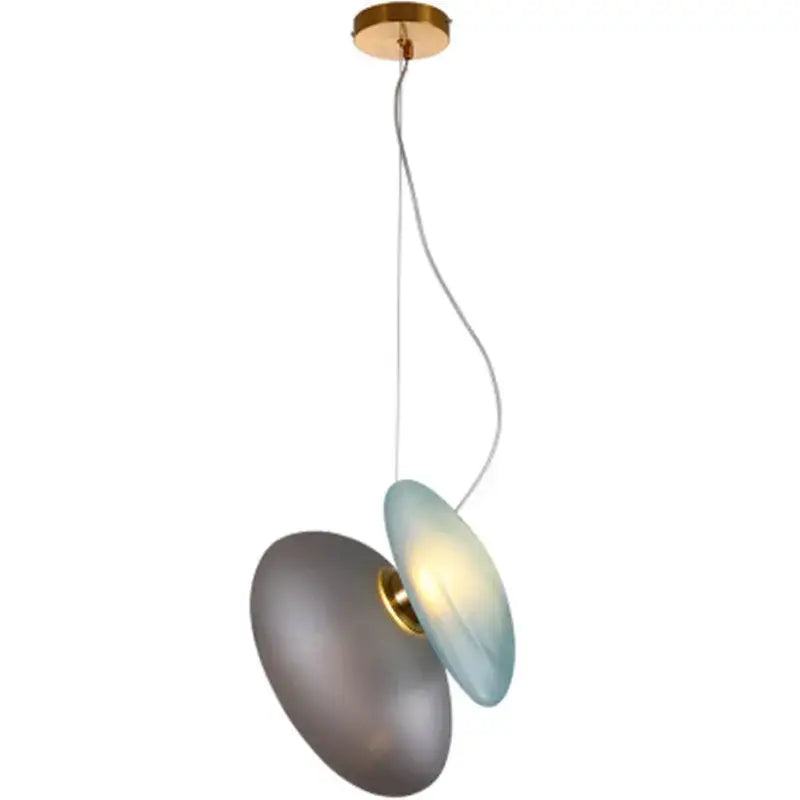 Modern gold and gray glass indoor pendant lights with overlapping matte gray and translucent teal discs for dining room decorbites glass indoor