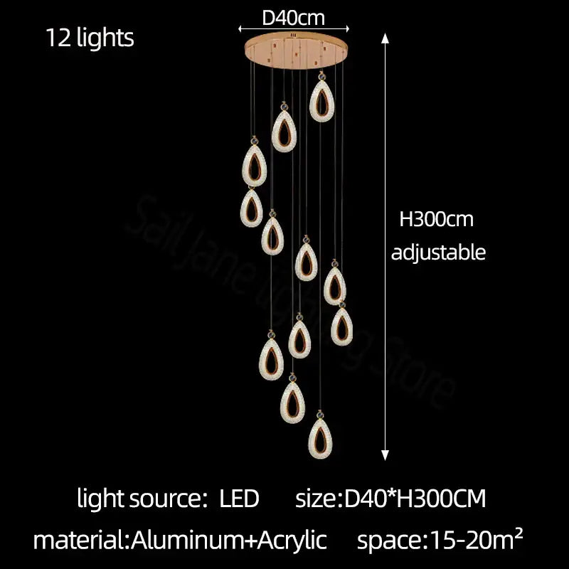 Modern gold heart led chandelier with 12 teardrop aluminum and acrylic lights for dining room decorbites heart led