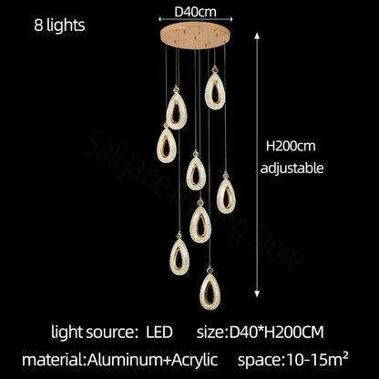 Modern gold heart led chandelier with eight teardrop aluminum and acrylic lights for dining room decorbites heart led