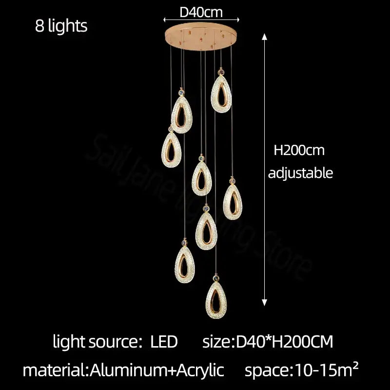 Modern gold heart led chandelier with eight teardrop aluminum and acrylic lights for dining room decorbites heart led