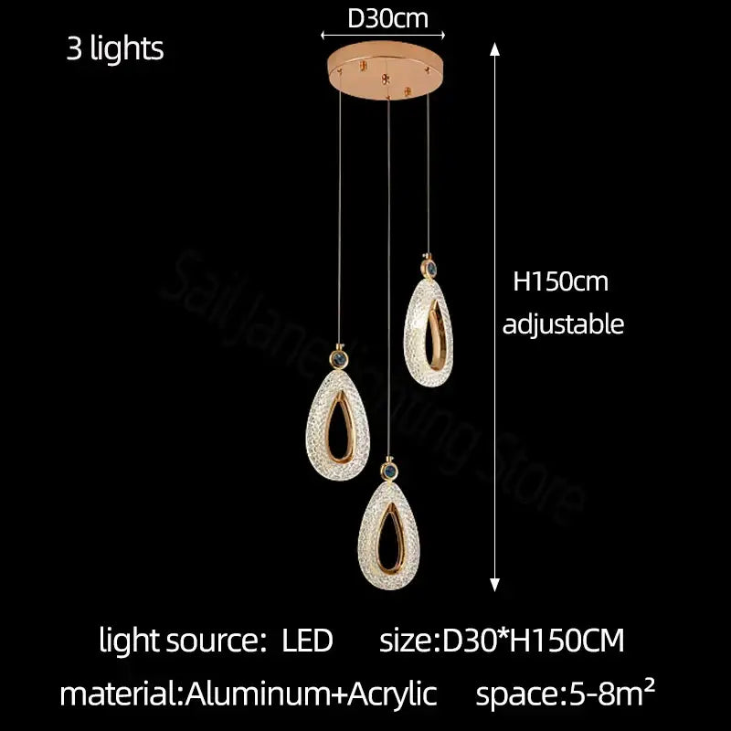 Modern gold heart led chandelier with three adjustable teardrop led bulbs in acrylic and aluminum for dining room decorbites heart led