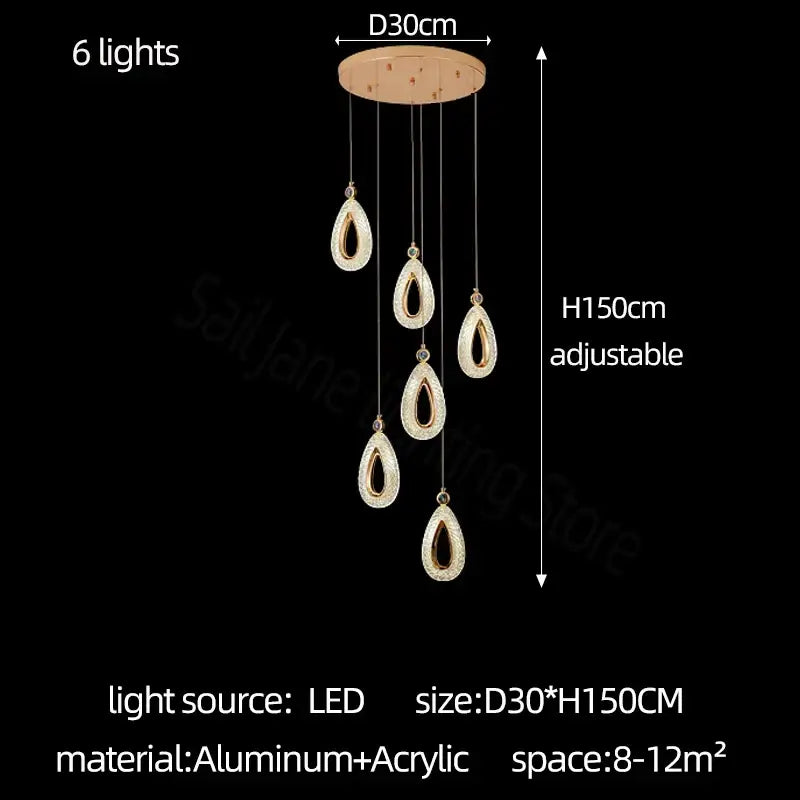 Modern gold heart led chandelier with six adjustable teardrop lights in aluminum and acrylic for dining room decorbites heart led