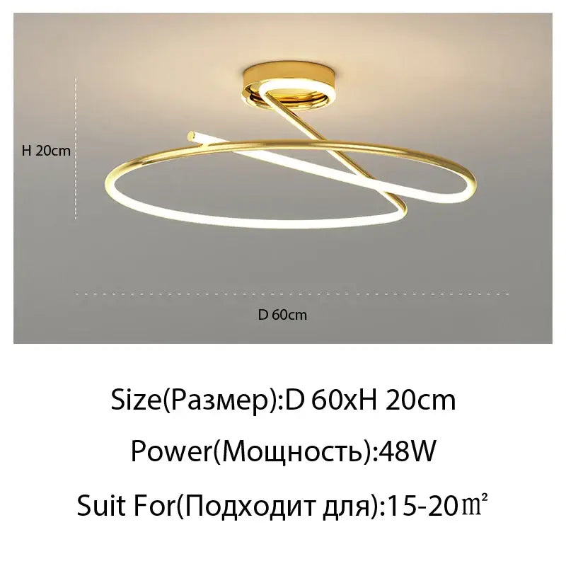 Modern gold heart line led chandelier with sleek intertwined circular design for bedroom ceiling lighting