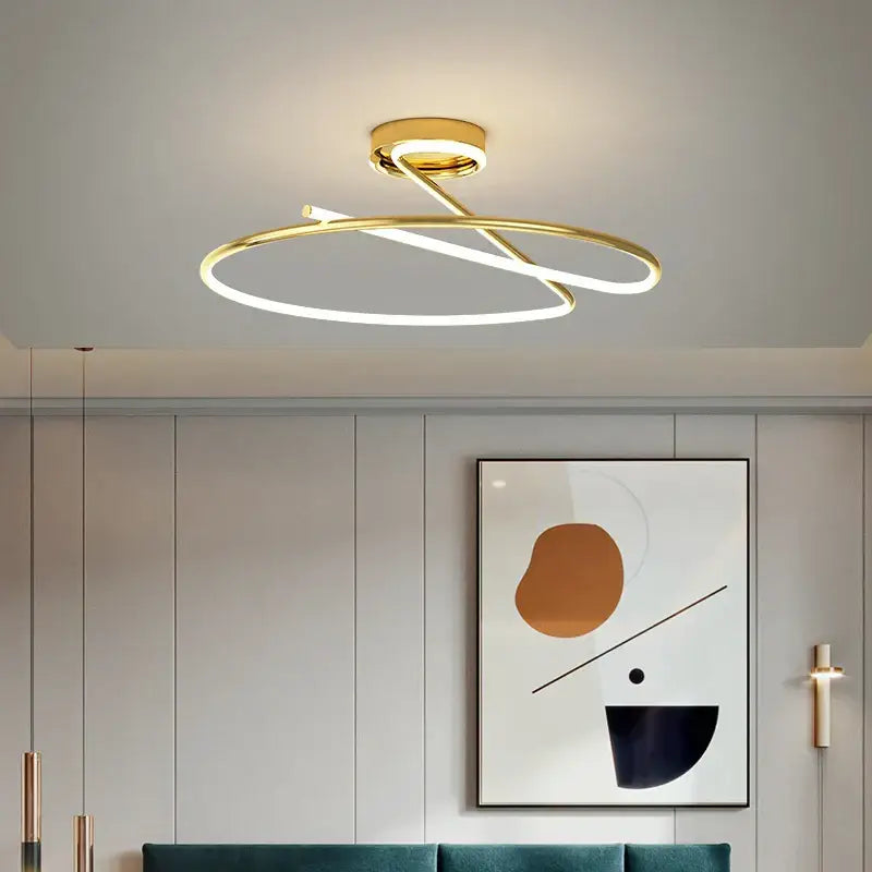 Modern gold heart line led chandelier with sleek intertwined circular design and illuminated line led strip for bedroom ceiling