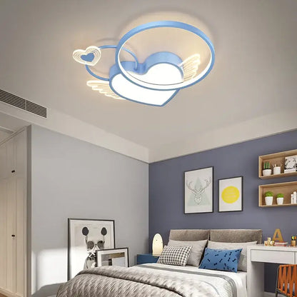 Modern gold heart shape led ceiling light in blue with wings and smaller hearts decorbites heart shape ceiling light
