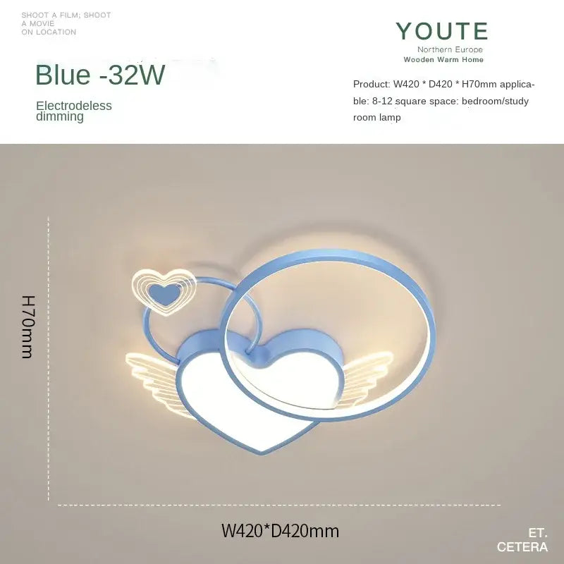 Modern gold heart shape ceiling light in blue with angel wings and electrodeless dimming by decorbites heart shape