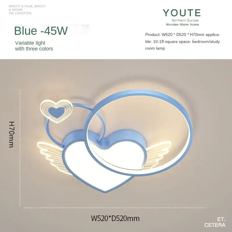 Modern gold heart shape led ceiling light with blue led wings featuring nordic decorbites heart shape design
