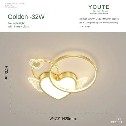 Modern gold heart shape ceiling light with angel wings and warm led light for bedroom decorbites heart shape design