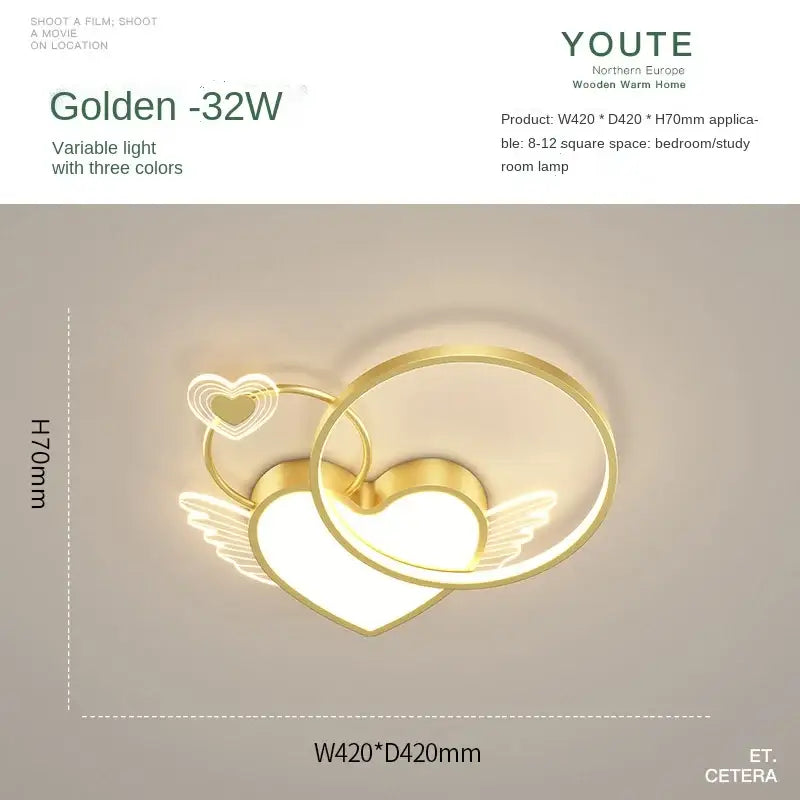 Modern gold heart shape ceiling light with angel wings and warm led light for bedroom decorbites heart shape design