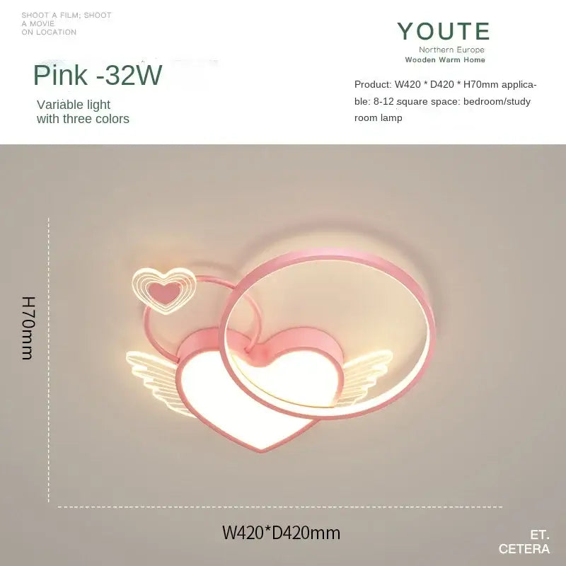 Modern gold heart shape ceiling light with angel wings and smaller heart detail for bedroom or study decorbites heart shape