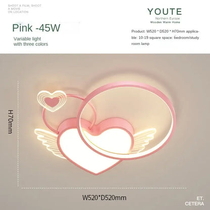 Modern gold heart shape led ceiling light with pink wings and layered design for warm wooden home decorbites heart shape