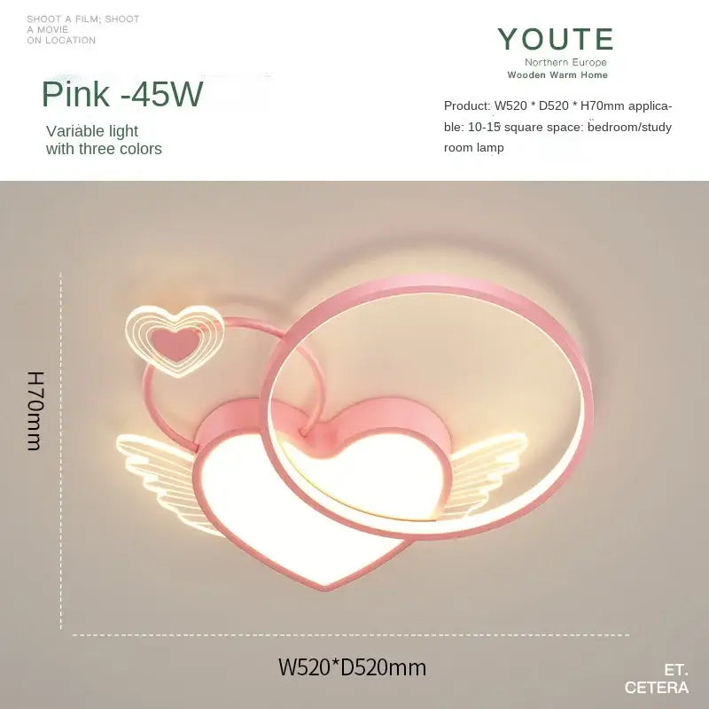Modern gold heart shape led ceiling light with pink wings and layered design for warm wooden home decorbites heart shape