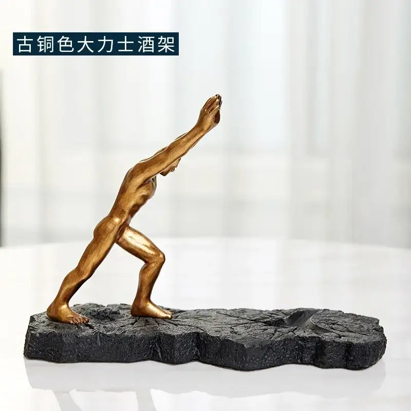 Antique bronze-colored hercules figurines wine rack featuring a dynamic man pose on dark textured base by decorbites