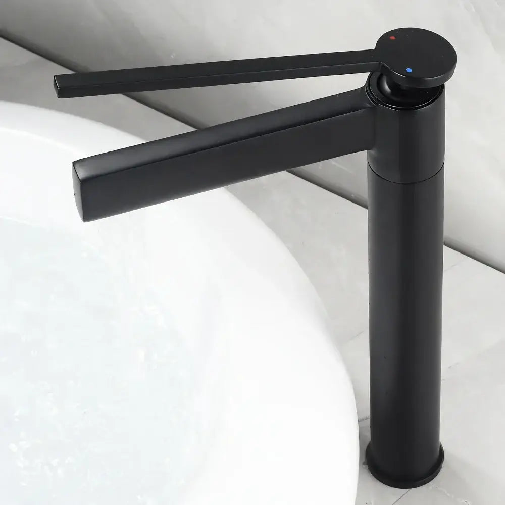 Modern black matte basin faucet with dual lever handles for decorbites brass deck mounted bathroom use