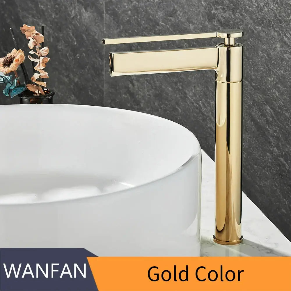 Modern gold high arc brass deck mounted basin faucet with sleek minimalist design and polished brass finish from decorbites brass deck